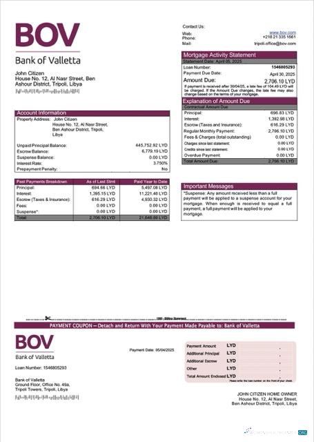 Download Libya Bank of Valletta mortgage statement Word and PDF template Photoshop template